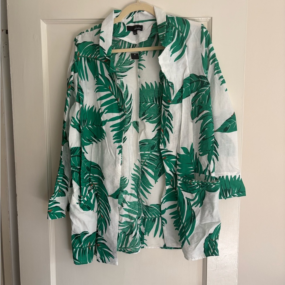 Green Leaf Print Open Cardigan